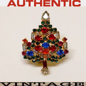 VTG JOSEPH WARNER SPARKLE JEWELED RHINESTONE GOLD TONE CHRISTMAS TREE BROOCH PIN